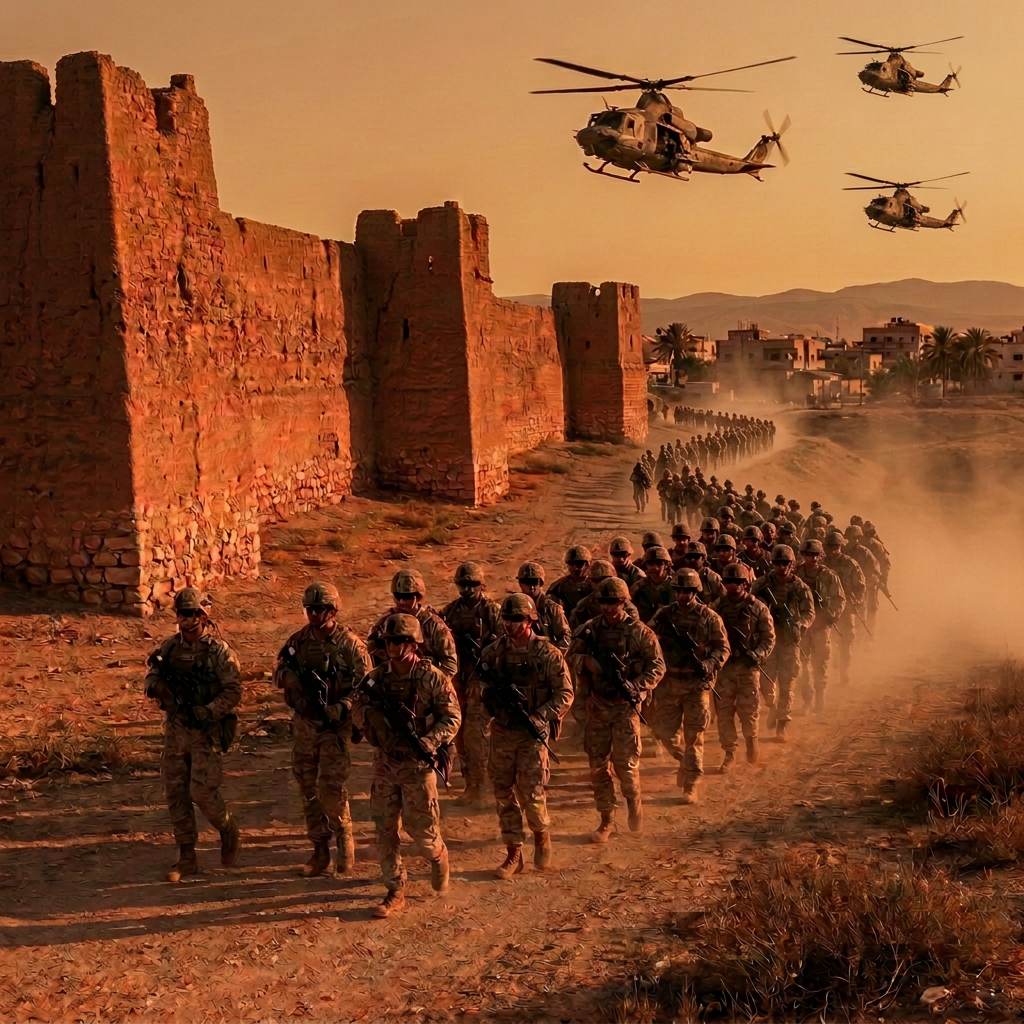 Group of soldiers in camouflage and helmets walking in formation near old stone fortress walls